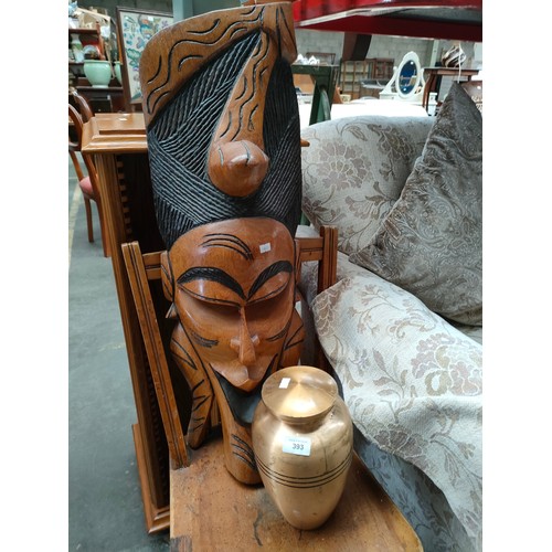 393 - Large African wall mask together with heavy brass ash urn .