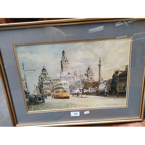 390 - Print depicting town centre with old tram scene .