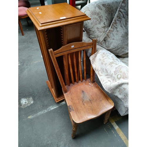 388 - Vintage pine chair , cd revolving rack together with wine rack.