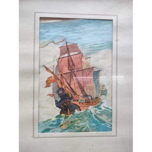 375 - Watercolour depicting ship scene together with child scene picture .