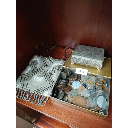 343 - Box of collectable coins , vintage evening purse together with ornate metal box .