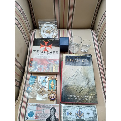 463 - Selection of masonic items includes jewels, whisky glass , note etc.