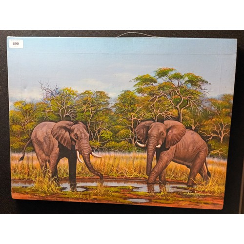 690 - Aubrey Semphani
Original oil painting depicting two Elephants at waterhole, Dated 2001. [47x61cm] [W... 