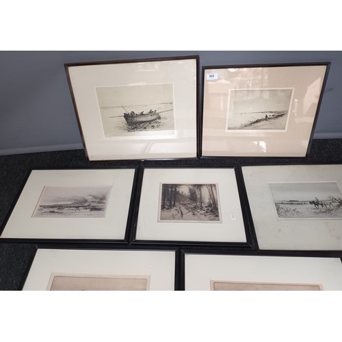 692 - 7 Original etchings by various artists to include 'Evening' by Jackson Simpson 'Morning Fishers' by ... 