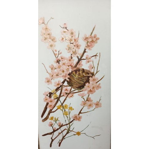 693 - Antique painting on milk glass depicting birds nesting within a blossom tree. Ornate frame measures ... 