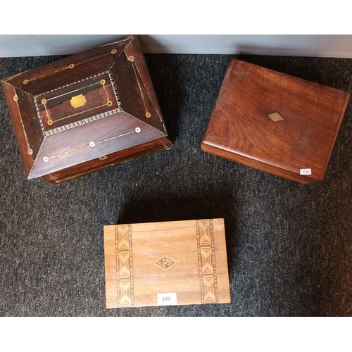 890 - Three antique sewing boxes. Includes Parquetry inlaid box and rosewood box. [Will not post]