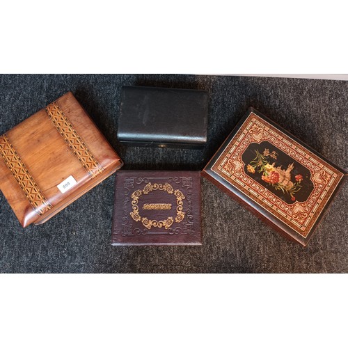 899 - Lot of four stationary style boxes includes ornate castle design lidded writing slope, Leather jewel... 