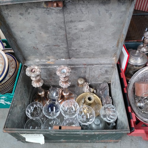 496 - 2 Large boxes of silver plated wares includes candle sticks , dishes , antique glasses etc.