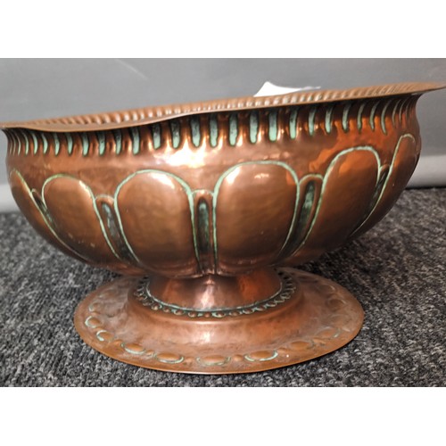 714 - Arts and crafts era copper worked tazza bowl, Stamped, [11cm high, 21cm in diameter] [Will post]