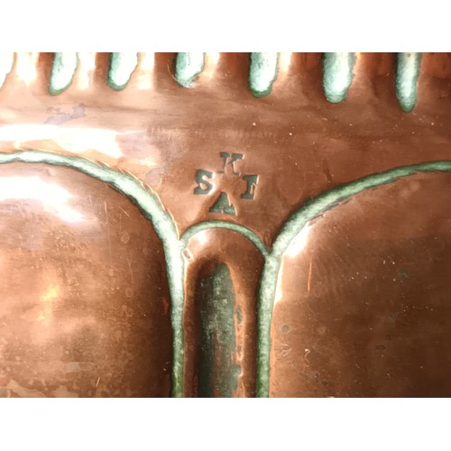 714 - Arts and crafts era copper worked tazza bowl, Stamped, [11cm high, 21cm in diameter] [Will post]