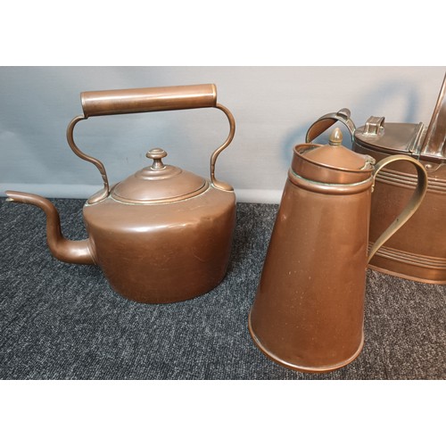 715 - Antique copper wares to include 19th century 6 PT. Water can, Copper kettle, Copper lidded jug with ... 