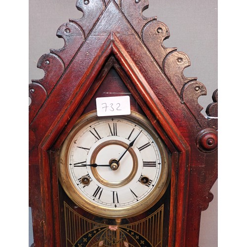 732 - Antique American Ginger bread clock, Comes with key and pendulum. In a working condition. [57cm high... 