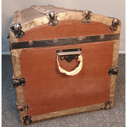 736 - Vintage domed top metal and wood bound travel trunk on castors  [45x75]