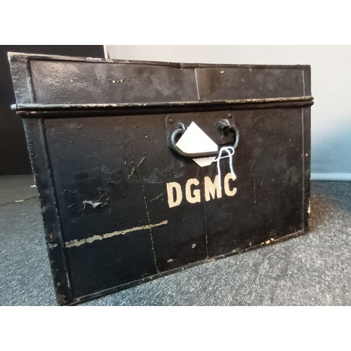 738 - Two vintage military black metal boxes, one with the initials DGMC [32X66CM]