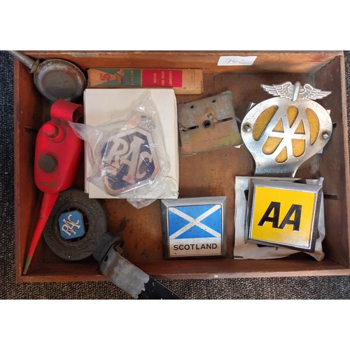 742 - Wooden tray containing motoring memorabilia to include AA and RAC Badges, Oil dispensers and Scotlan... 