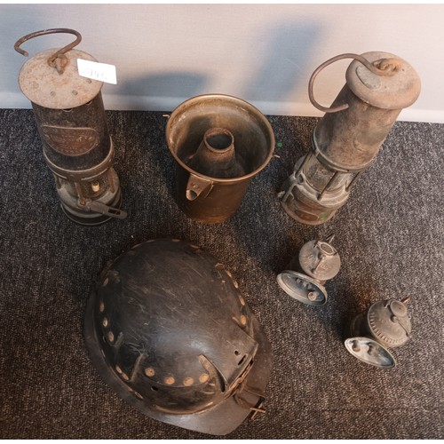 746 - Collection of miners lamps and helmet, Thomas & Williams ltd Aberdare lantern, one marked 14, Two sm... 