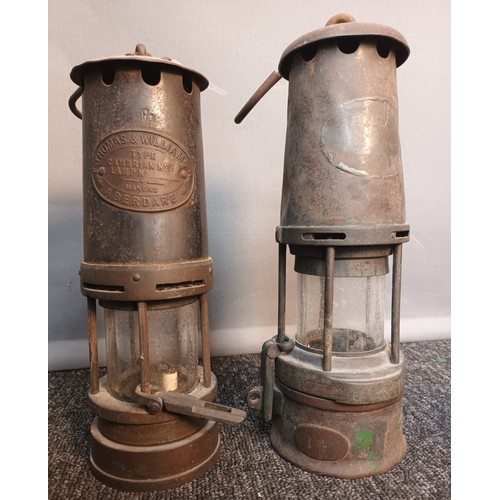 746 - Collection of miners lamps and helmet, Thomas & Williams ltd Aberdare lantern, one marked 14, Two sm... 