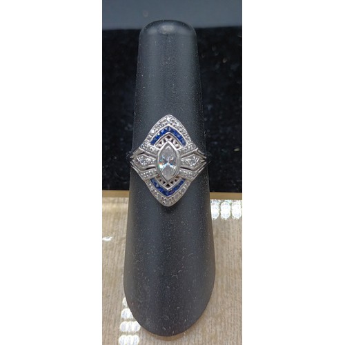 2A - Silver cz and sapphire art deco style ring