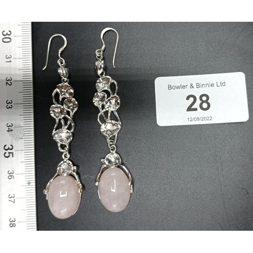 28A - A pair of silver and rose quartz drop earrings