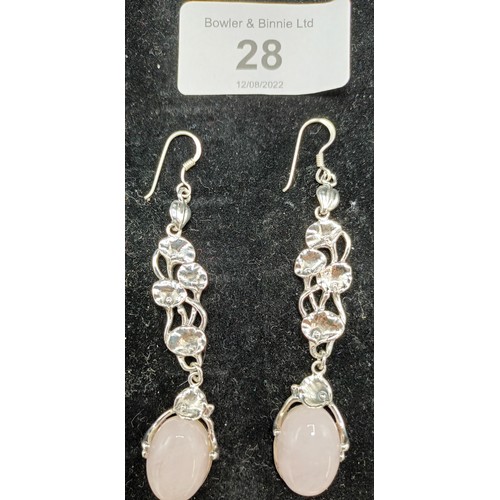 28A - A pair of silver and rose quartz drop earrings