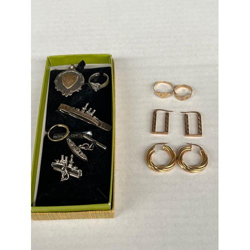 45 - A Selection of silver and gold jewellery includes two pairs of 9ct gold earrings and two rings, Silv... 