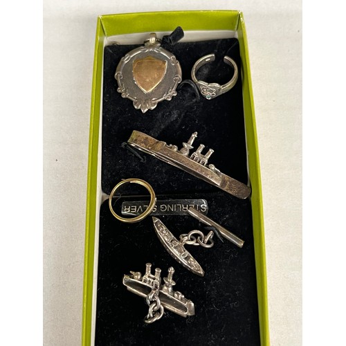 45 - A Selection of silver and gold jewellery includes two pairs of 9ct gold earrings and two rings, Silv... 