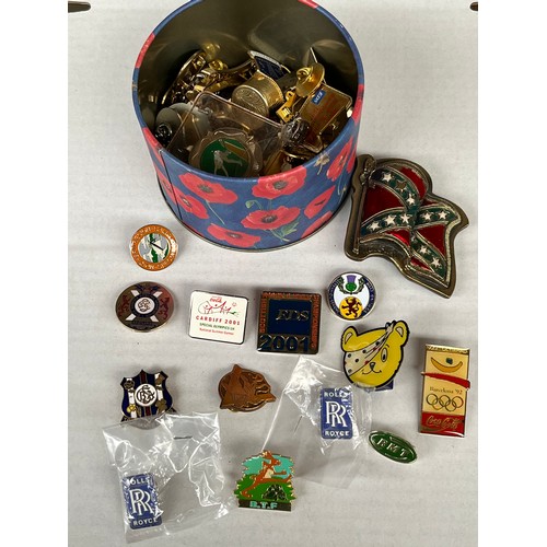 47 - Collection of various pin badges to include Rolls Royce and coca cola. Together with an American buc... 