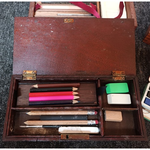 902 - Four various boxes and tins containing paint and utensils. Includes German tin plate paint set & Art... 