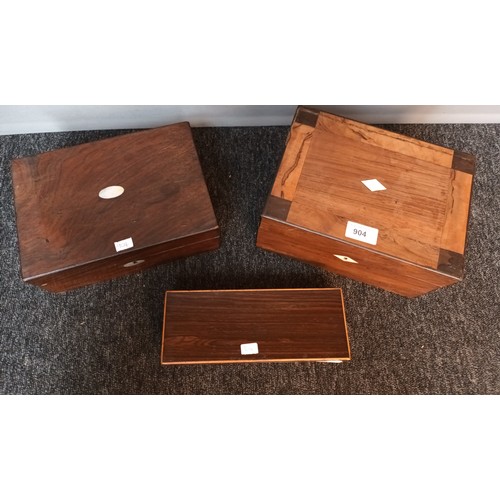 904 - Three various antique boxes to include ornate sewing box, small rosewood sewing box and jewel box. [... 