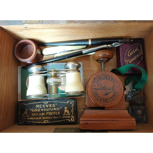 905 - Three various wooden boxes, Metal mounted box contains various collectables to include opera glasses... 