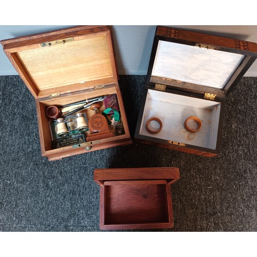 905 - Three various wooden boxes, Metal mounted box contains various collectables to include opera glasses... 