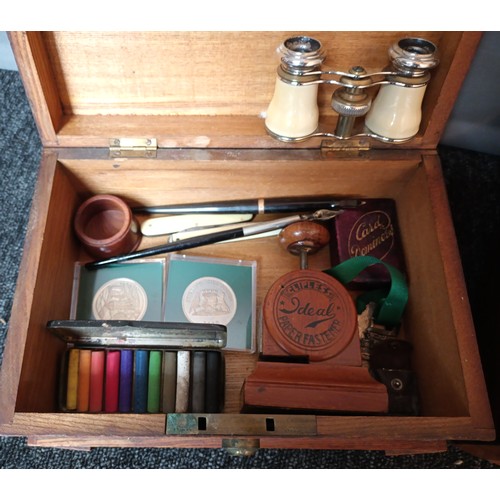 905 - Three various wooden boxes, Metal mounted box contains various collectables to include opera glasses... 