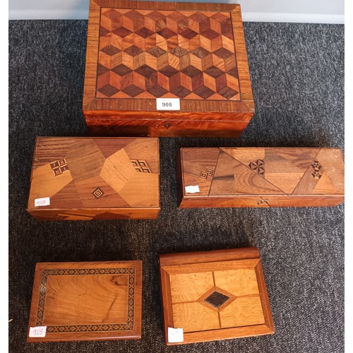 908 - Lot of five various parquetry boxes and puzzle boxes. Includes Japanese puzzle box. [Will not post]