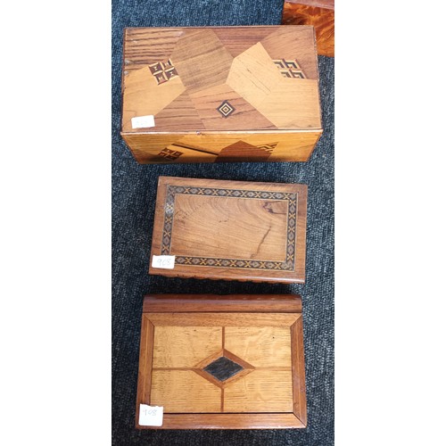 908 - Lot of five various parquetry boxes and puzzle boxes. Includes Japanese puzzle box. [Will not post]