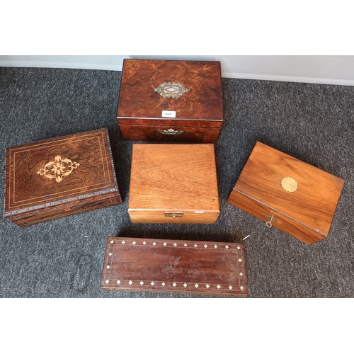 909 - Five various antique boxes to include Burr walnut and mother of pearl inlay sewing box with contents... 