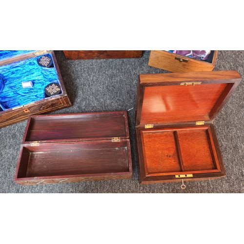 909 - Five various antique boxes to include Burr walnut and mother of pearl inlay sewing box with contents... 