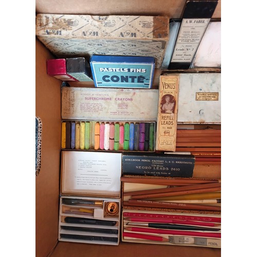 919 - A Box containing vintage art utensils and boxes to includes Windsor & Newton paint tins, charcoal an... 