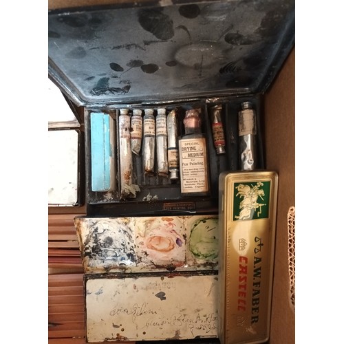 919 - A Box containing vintage art utensils and boxes to includes Windsor & Newton paint tins, charcoal an... 