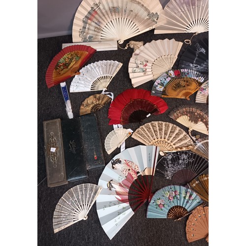 922 - Large quantity of antique and vintage hand held fans, include hand painted Japanese Meiji period fan... 