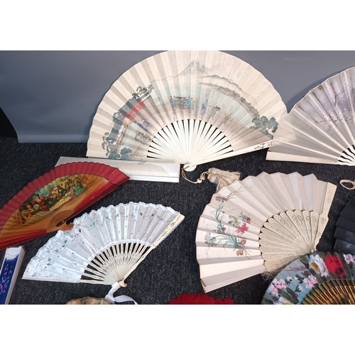 922 - Large quantity of antique and vintage hand held fans, include hand painted Japanese Meiji period fan... 