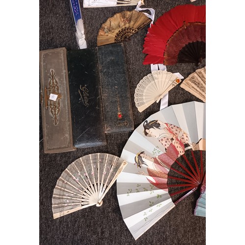 922 - Large quantity of antique and vintage hand held fans, include hand painted Japanese Meiji period fan... 