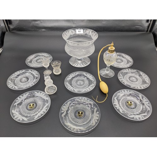 563 - Selection of Edinburgh crystal thistle cut items to include; bowl, eight plates, perfume atomiser, t... 