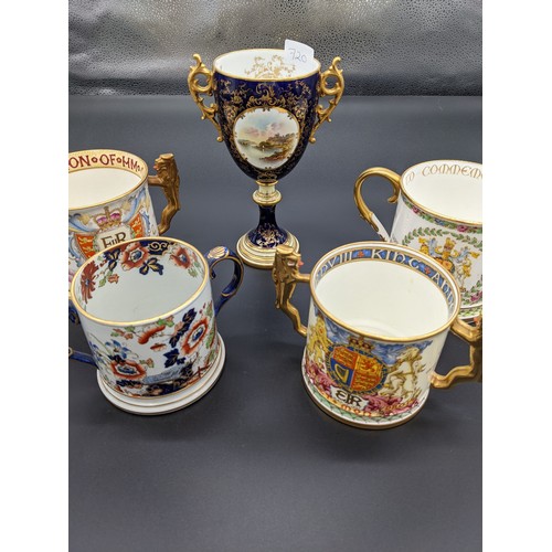 720 - Collection of double handled cups to include Paragon, Mason's and Coalport