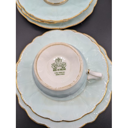 728 - 23 piece Aynsley bone china tea set with teapot, plate, sugar and cream in a blue and floral design