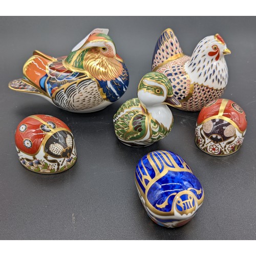 883 - 6 various Royal Crown Derby paperweights to include Three birds and three bugs. Two signed Julie Tow... 