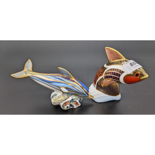 888 - Two Royal Crown Derby paperweights 'Tropical Fish' & 'striped Dolphin' [Will not post]