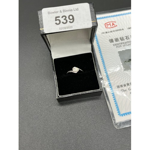 539 - 18ct white gold and single diamond stone ring. [0.25ct diamond] Comes with certificate. [Ring size J... 