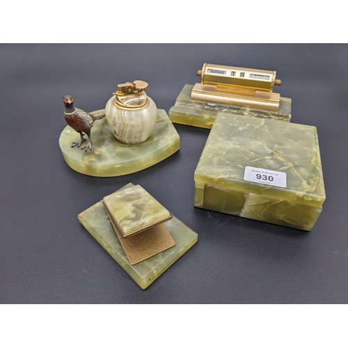 930 - Various onyx collectables to include perpetual calendar, lift-up box and ashtray with cold painted p... 