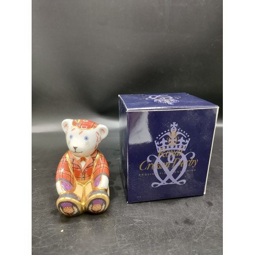 56 - Royal crown Derby Scottish teddy bear Fraser with box . 8cm in height .