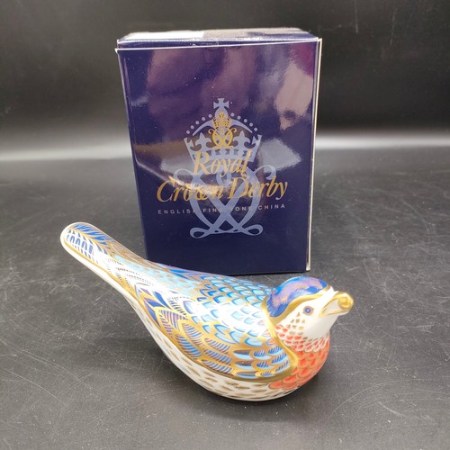 96 - Royal crown Derby paperweight blue bird signed by Sue Rowe with box . 11cm in length.